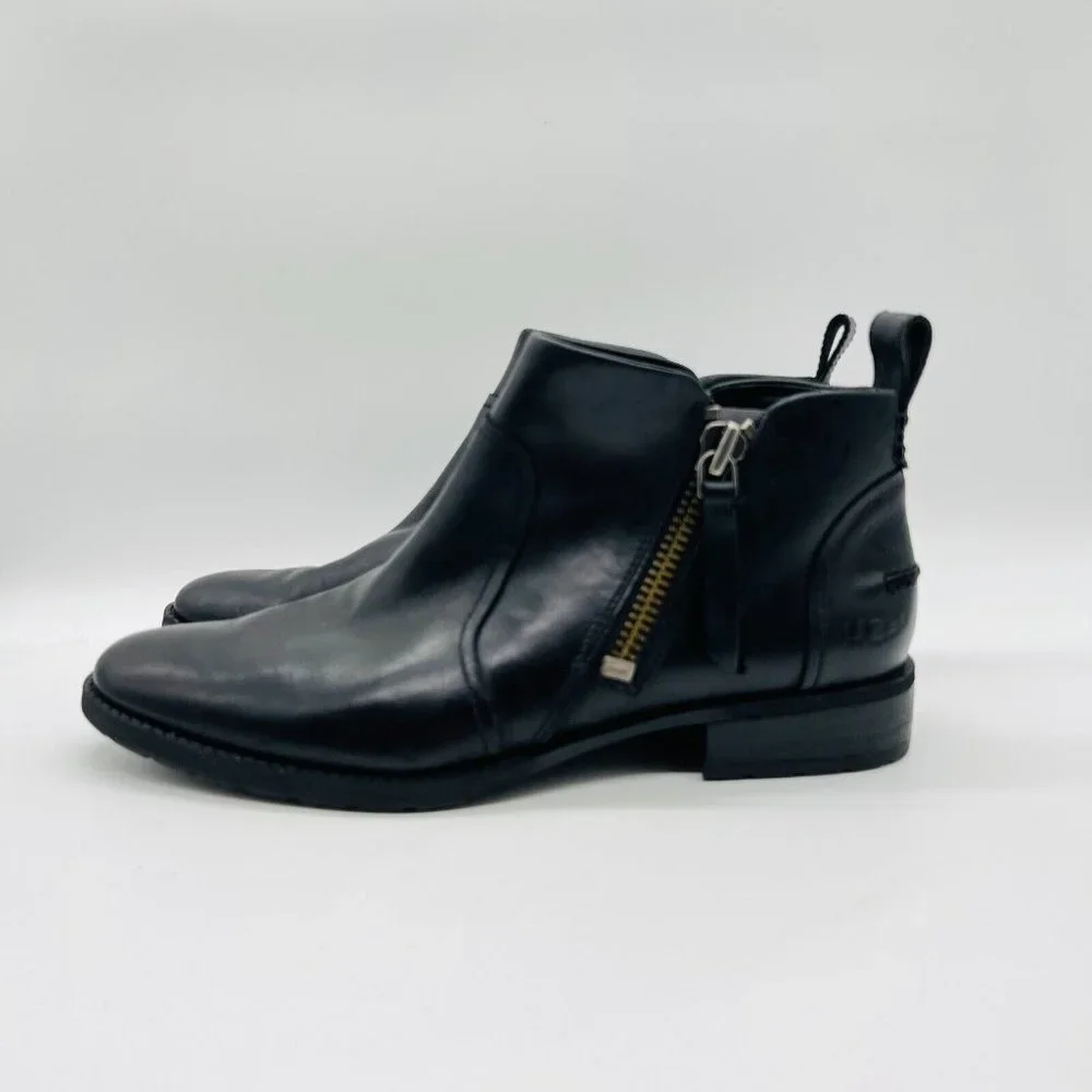 UGG Black Leather Ankle Booties with Side Zipper